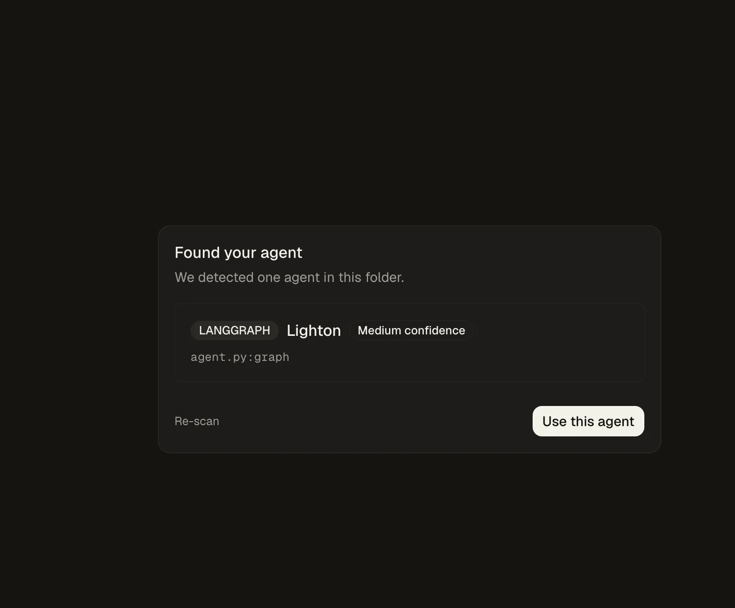 Détection de l'agent par la plateforme open source Idun après pip install + idun init, framework identifié comme LangGraph
