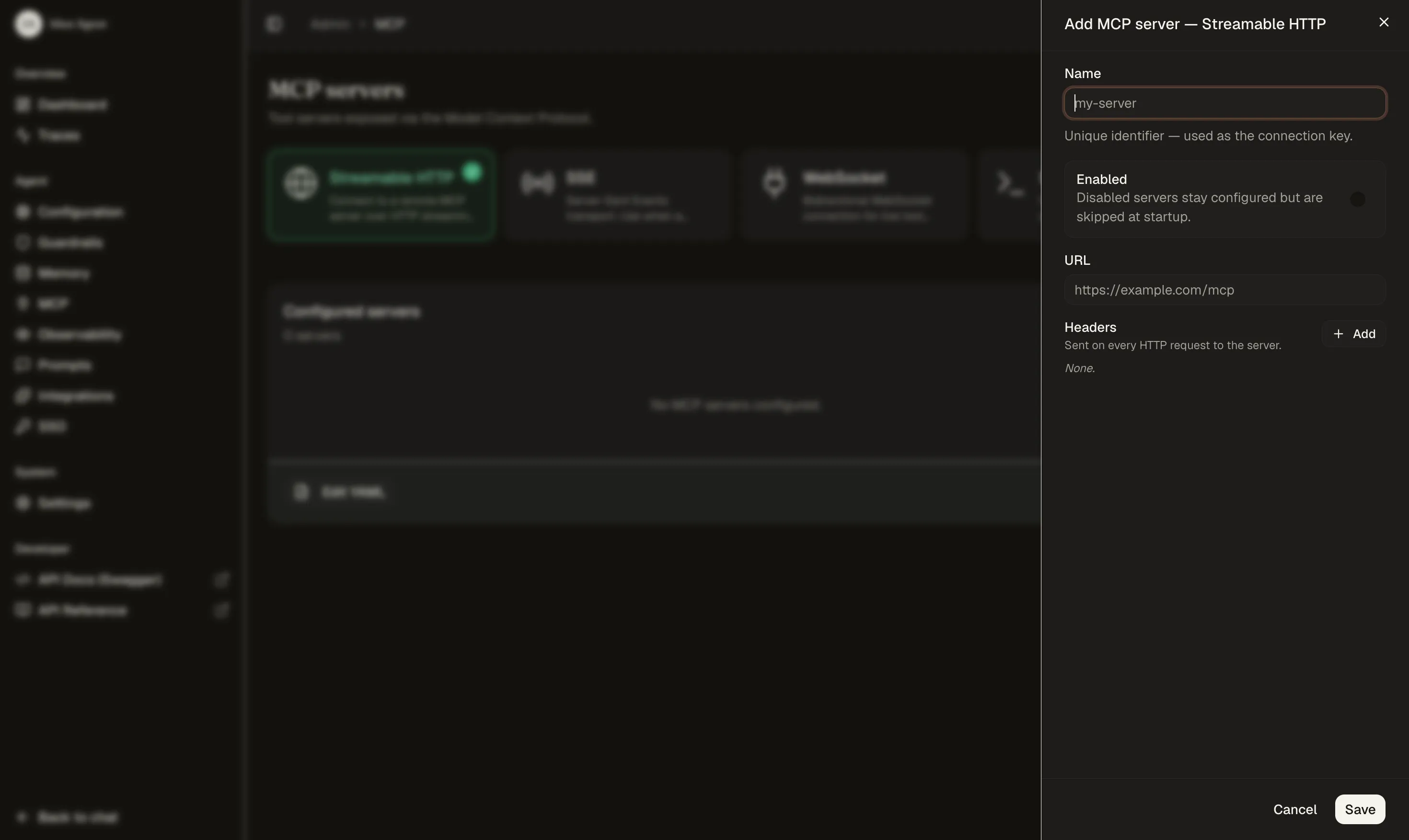 Page MCP Servers d'Idun configurant le transport streamable HTTP LightOn avec URL du serveur et headers