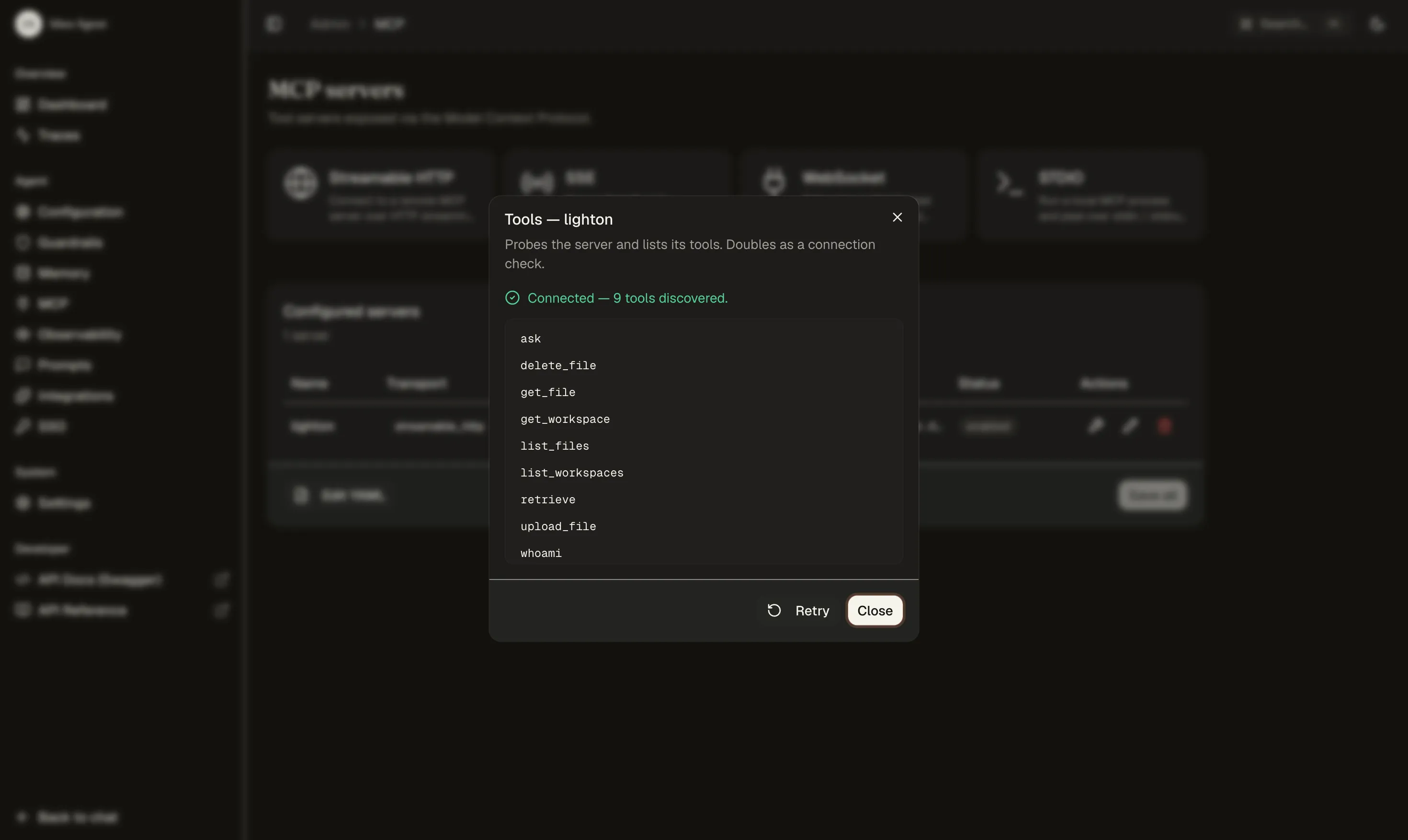 Liste des 9 outils MCP découverts depuis le serveur LightOn : list_workspaces, retrieve, ask, upload_file et les autres