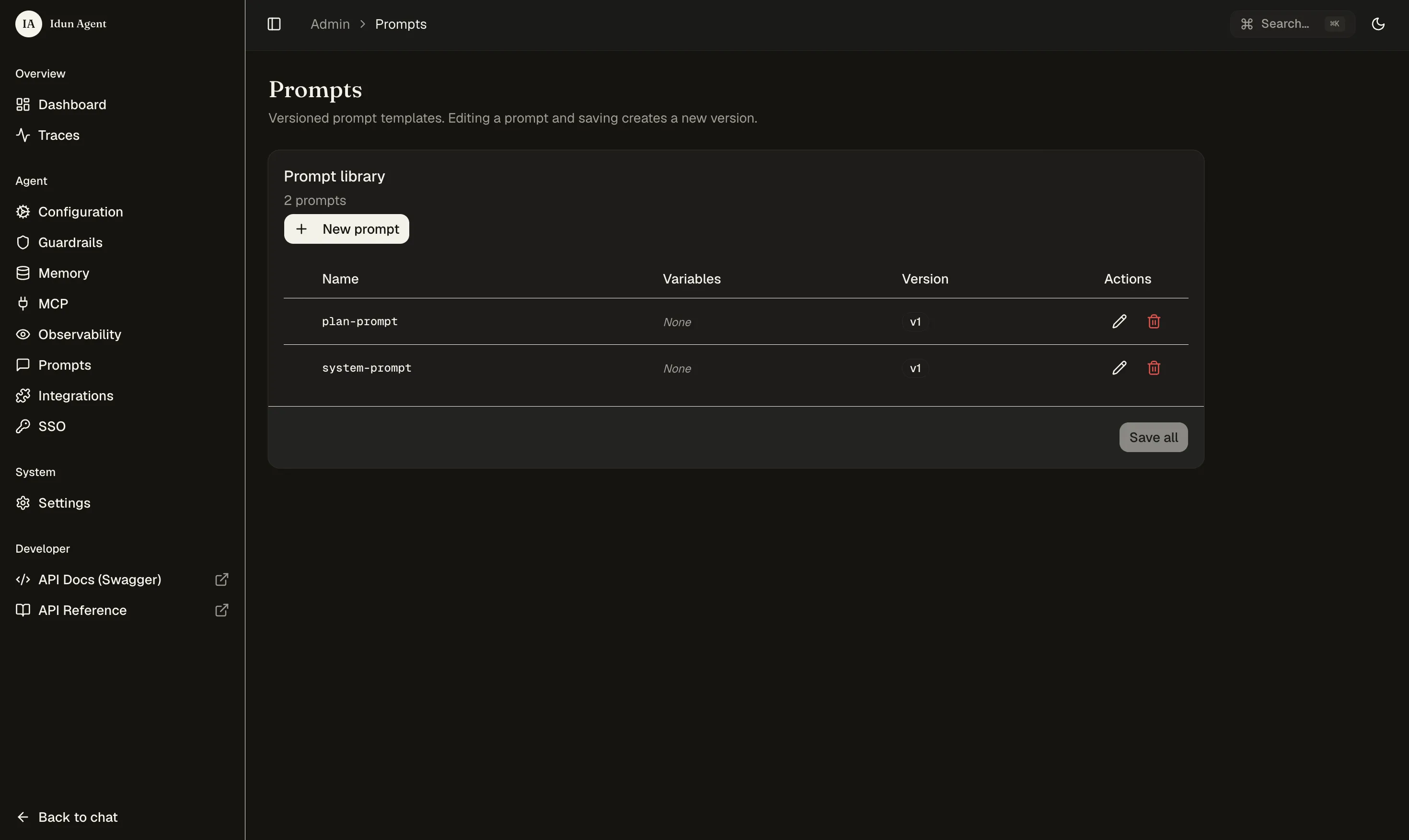 Vue de liste des prompts Idun montrant system-prompt et plan-prompt avec leurs versions immuables